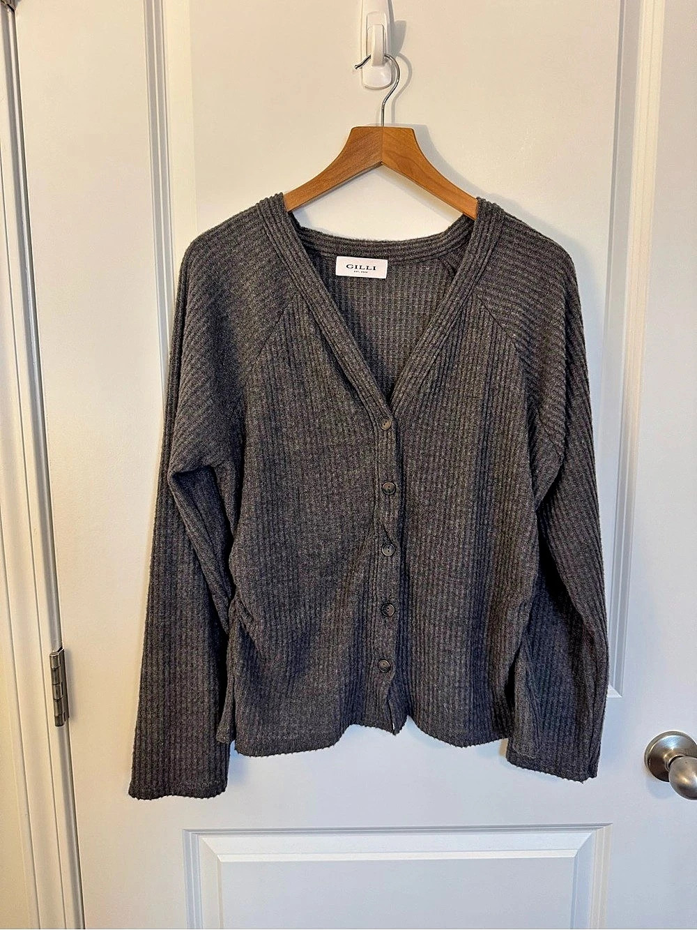 GILLI Waffle Knit Ruched Side Cardigan Gray XL